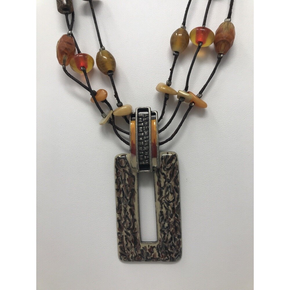 CHICO'S Necklace Rectangle Pendant Multi Strand Orange Beads Brown Beaded Cord